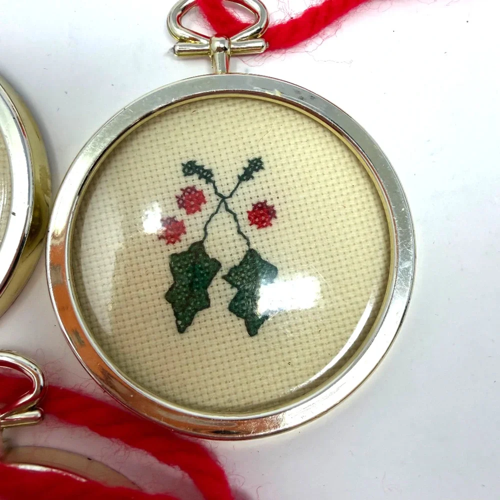 Lot of 5 Handmade Cross Stitch Christmas Ornaments Metal Frames Vintage